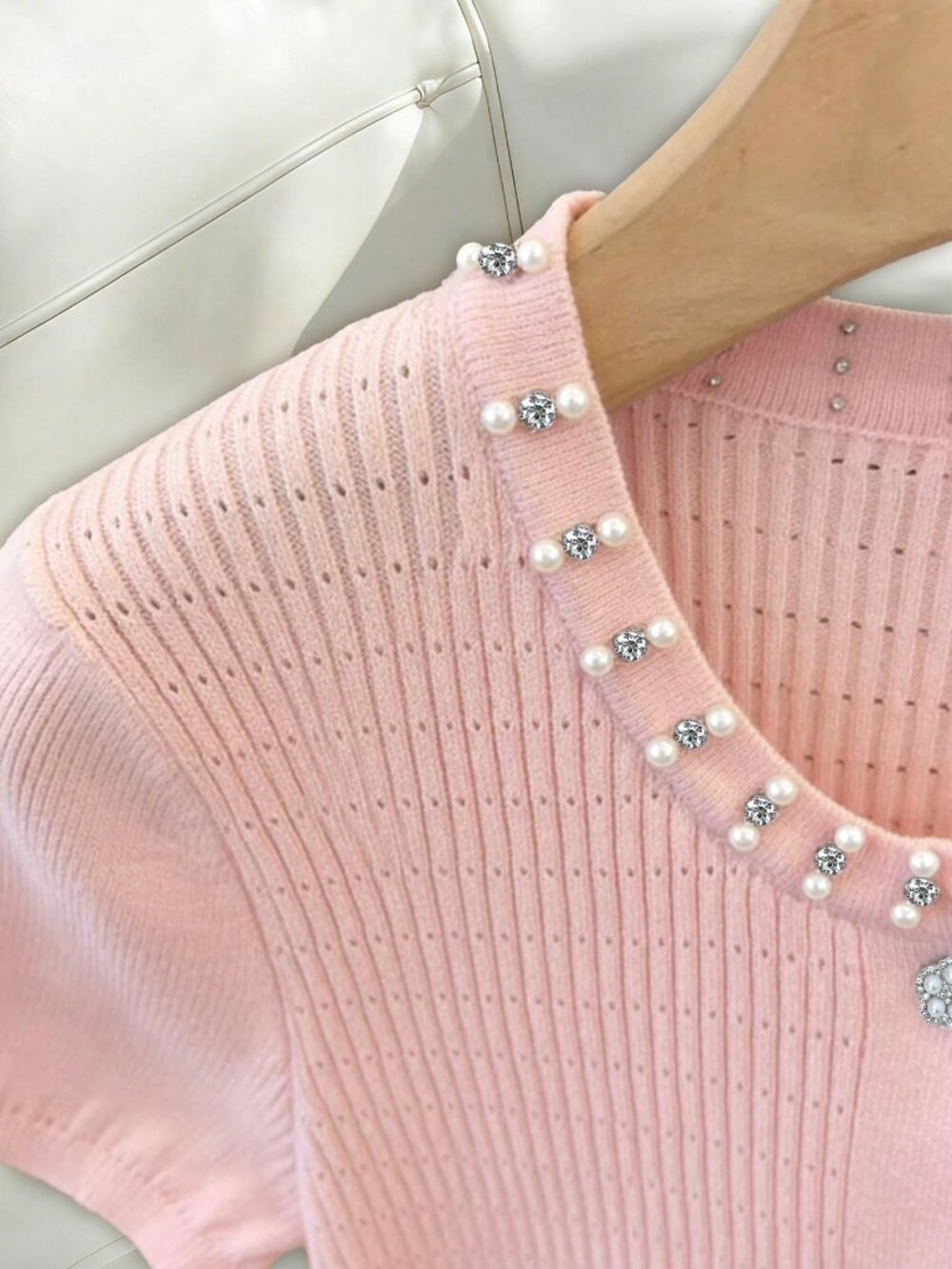 Pink Casual Women's Rhinestone Pearl Round Neck Slim Fit Short Sleeve Cardigan - Picture 4 of 6